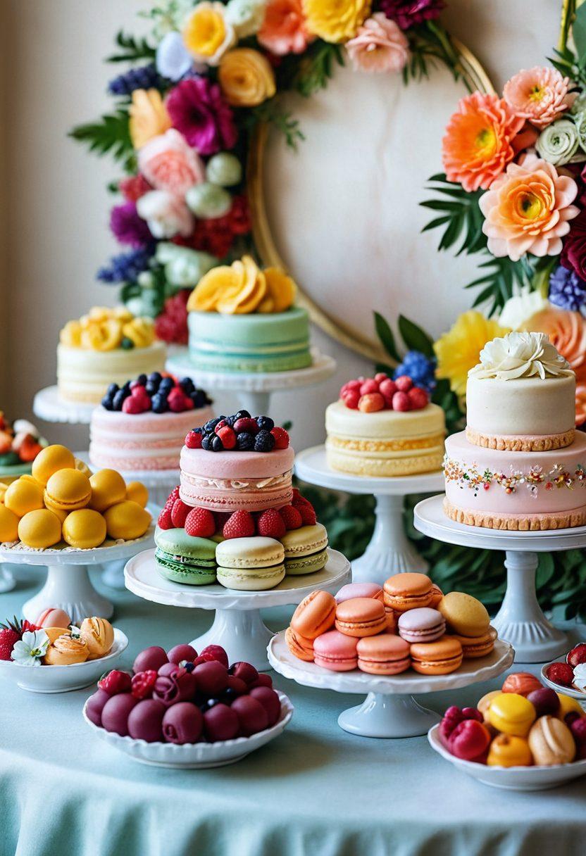An enchanting dessert table featuring an array of beautifully decorated cakes and pastries, showcasing vibrant colors and intricate designs. Include delicate macarons, glossy fruit tarts, and layered cakes with whipped cream, all surrounded by fresh fruits and edible flowers. The scene should convey a sense of indulgence and creativity, inviting the viewer to explore the world of desserts. soft focus background, pastel colors, whimsical style.