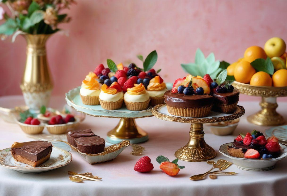 A lavish dessert table overflowing with an array of creamy desserts, including rich chocolate mousse, flamboyant fruit tarts, and velvety cheesecake, all beautifully arranged on ornate porcelain dishes. An elegant backdrop of soft pastel colors highlights the decadence. Sprinkle edible gold flakes and delicate mint leaves for a touch of gourmet. The scene radiates indulgence and sweetness, enticing every sweet tooth. super-realistic. vibrant colors. soft pastel background.