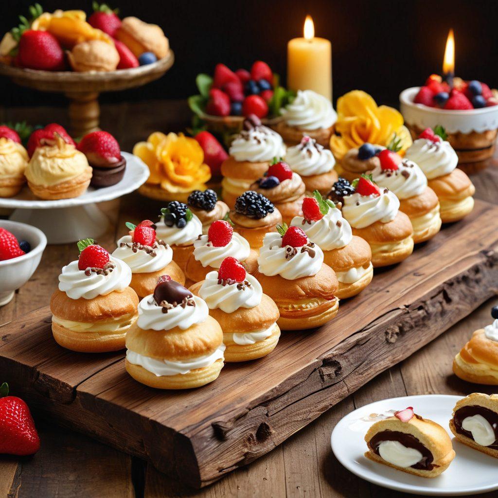 A mouth-watering display of various cream-filled desserts like éclairs, cream puffs, and layered cakes, artfully arranged on a rustic wooden table. Sprinkled with colorful toppings and surrounded by fresh fruits, vibrant bursts of whipped cream, and chocolate drizzles. Soft, warm lighting enhances the indulgent atmosphere. Add some delicate floral accents for an extra touch of elegance. super-realistic. vibrant colors. warm lighting.